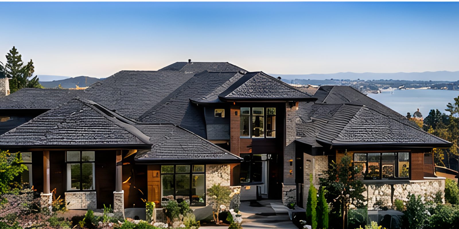 Hillside home with a slate-look shingle roof above the Bay, late afternoon light.