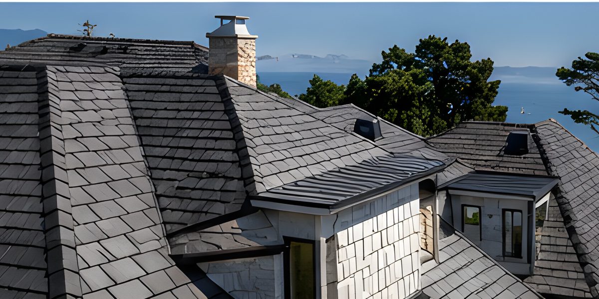 Slate-look shingle roof with a stone chimney, the coast behind.