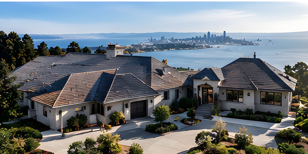 Flat-tile hip roof on a hillside estate, the San Francisco skyline across the Bay.